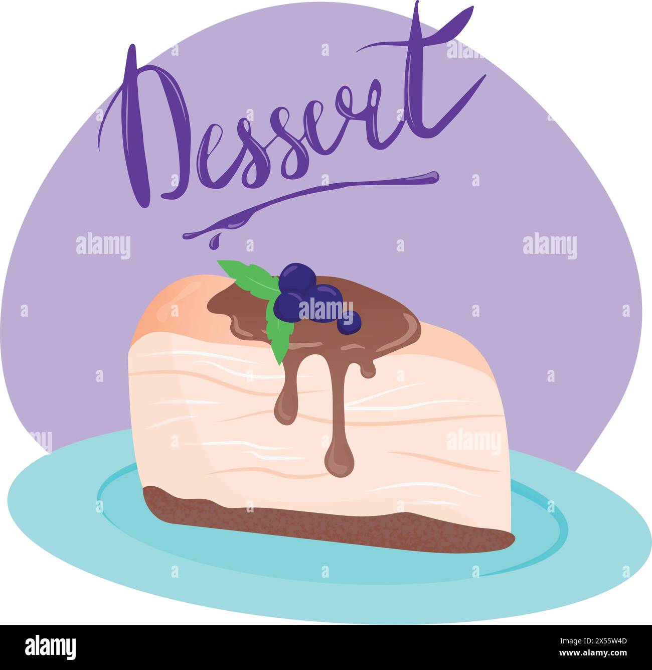 Tasty cheesecake with blueberry and chocolate syrup on plate. Vector illustration with lettering. Delicious dessert. Postcard, poster, banner. Illustr Stock Vector