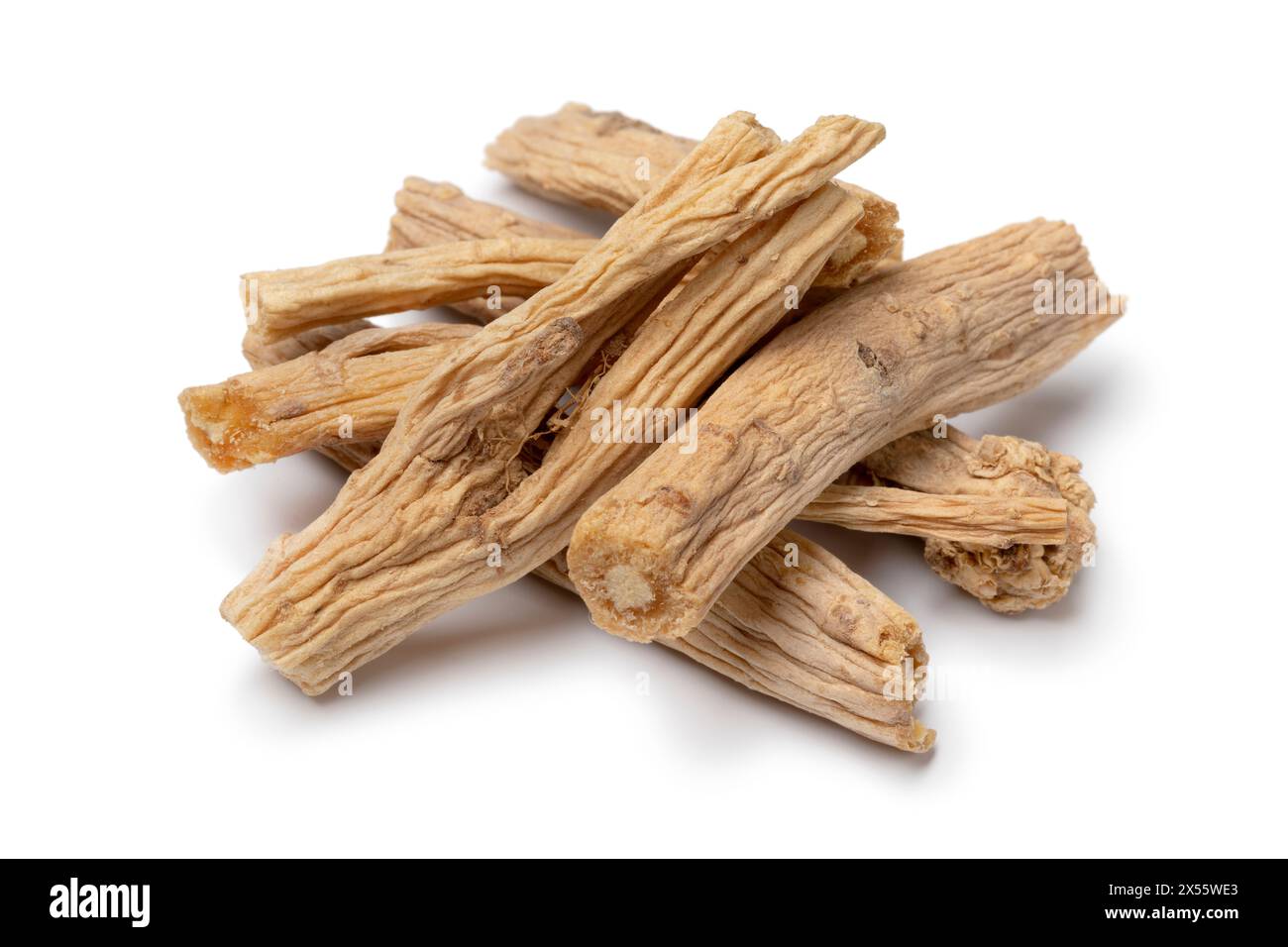Dried  Codonopsis Pilosula roots close up isolated on white background Stock Photo