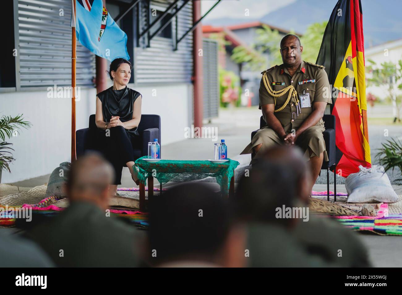 (LR) Annalena Baerbock (Alliance 90/The Greens), Federal Foreign Minister, and Brigadier General Manoa Gadai, Commander of the Fijian Armed Forces Blackrock Peacekeeping and Humanitarian Assistance and Disaster Relief Camp, photographed during a visit to the base of the Fijian Armed Forces Blackrock Peacekeeping and Humanitarian Assistance and Disaster Relief Camp in Nadi, May 7, 2024. Baerbock is traveling to Australia, New Zealand and Fiji for political talks./Photographed on behalf of the Federal Foreign Office. Stock Photo