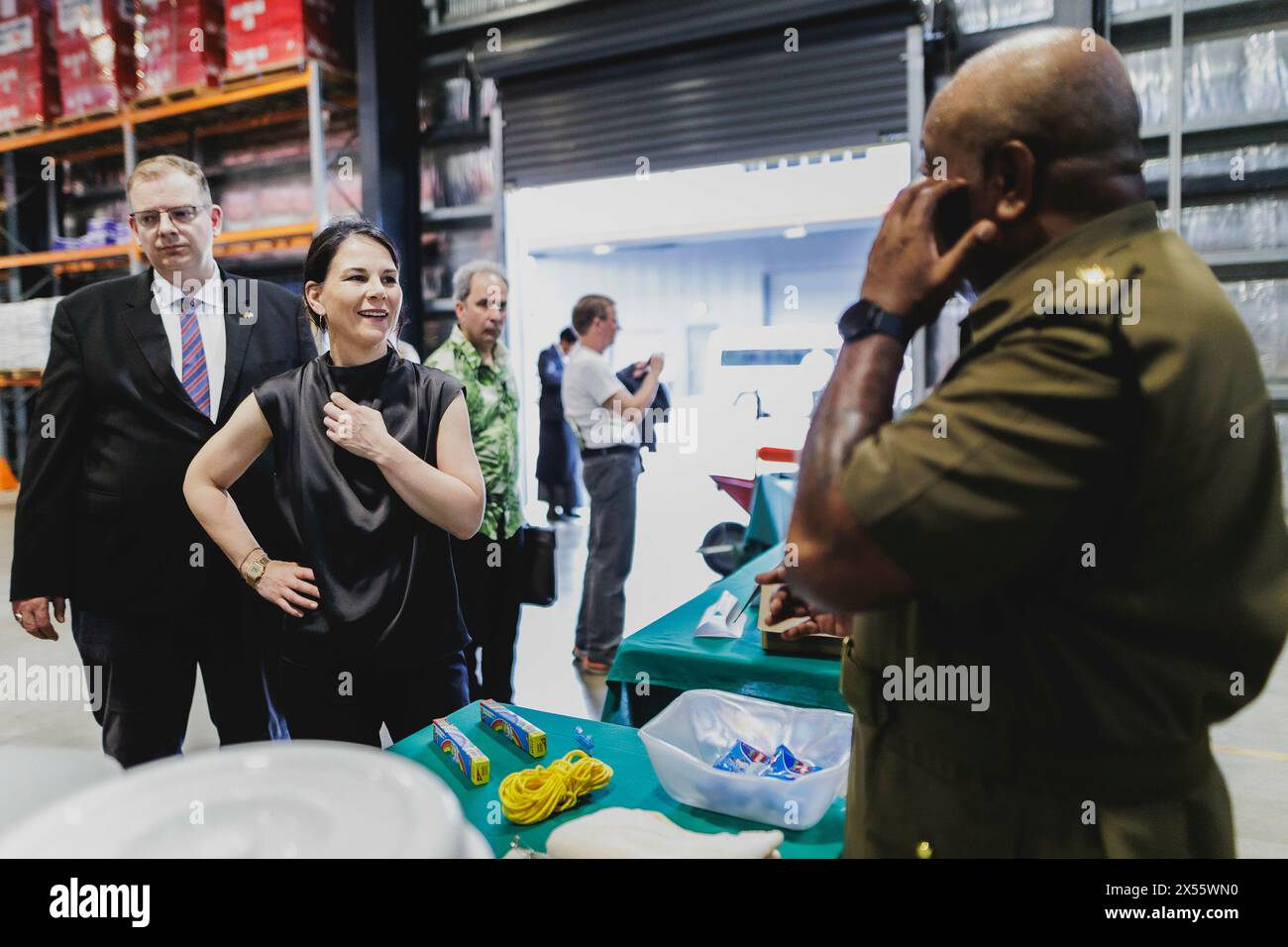 Nadi, Fidschi. 07th May, 2024. Annalena Baerbock (Alliance 90/The Greens), Federal Foreign Minister, photographed during a visit to the warehouse with relief supplies at the Blackrock Peacekeeping and Humanitarian Assistance and Disaster Relief Camp in Nadi, 07.05.2024. Baerbock is traveling to Australia, New Zealand and Fiji for political talks./Photographed on behalf of the Federal Foreign Office. Credit: dpa/Alamy Live News Stock Photo