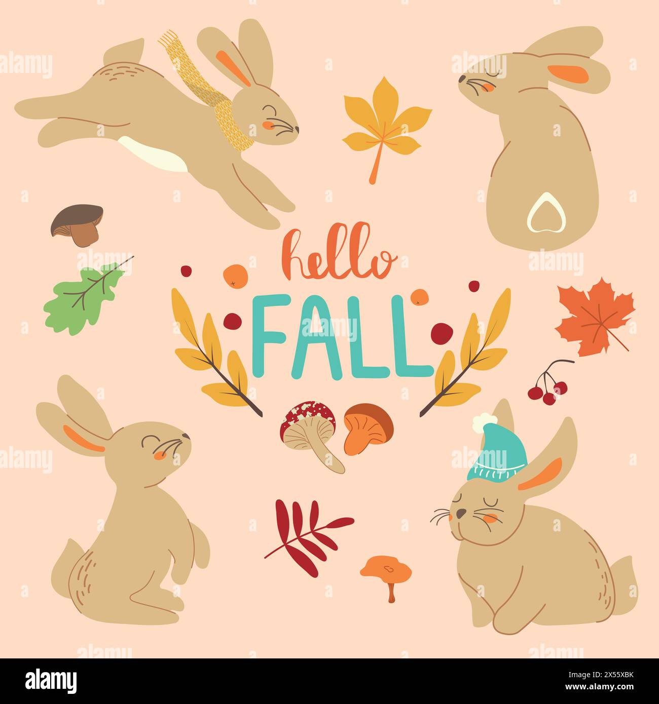 Fall bunny trendy set. Set of cute rabbits or hares in hat and scarf. Hello fall comcept. Different leaves, mushrooms and berries. Flat cartoon colorf Stock Vector