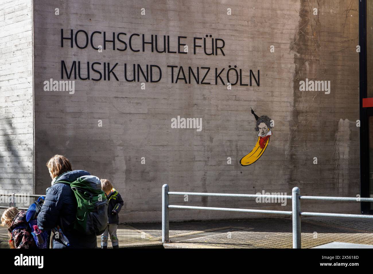 Beethoven banana by artist Thomas Baumgaertel on the main building of the Cologne University of Music (Hochschule fuer Musik und Tanz)  in the Kuniber Stock Photo