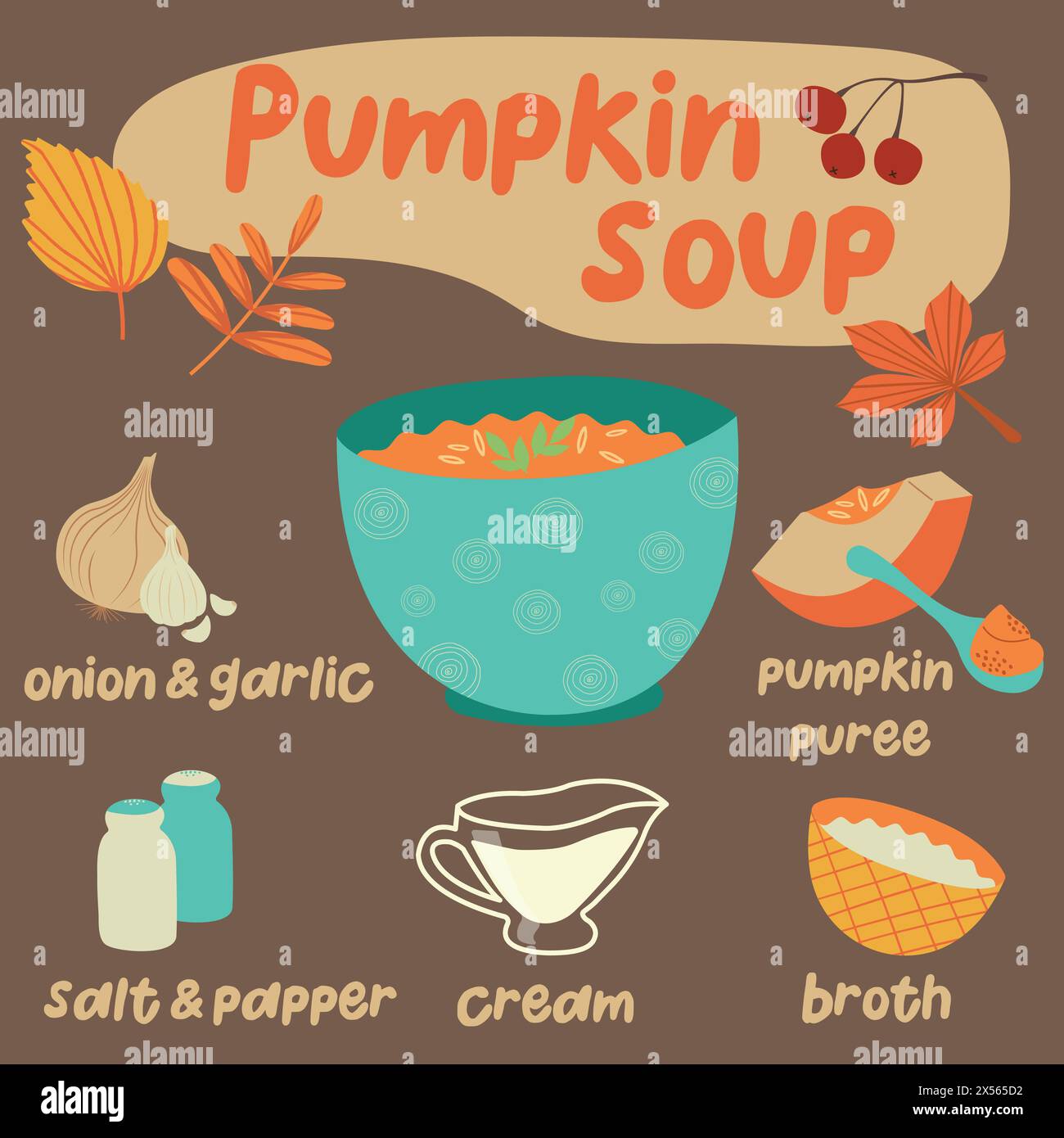 Homemade pumpkin soup hand drawn recipe. Print for design of menu of ...