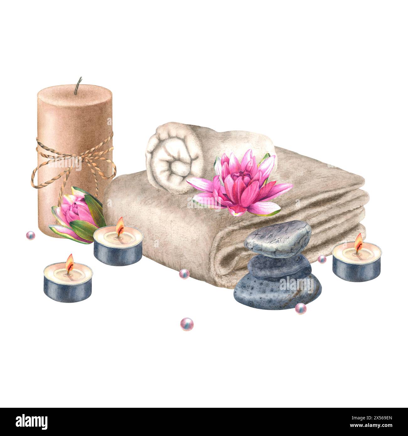 Neatly rolled up terry towel, pillar soy wax candle with jute rope bow, tea light candles, pyramid of balancing stones, water lily, beads. Hand drawn Stock Photo