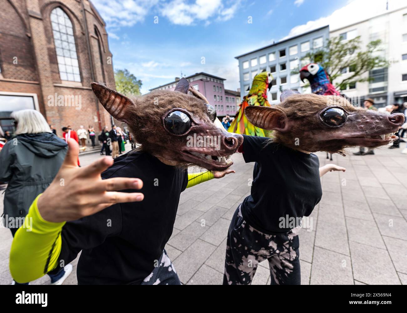 Bochum, Germany. 07th May, 2024. Disguised people in action at the opening of the Fidena puppet theater festival. The puppet theater festival opened with a parade of oversized insects and strange creatures. International puppet theater makers showcase contemporary puppetry in Bochum, Herne, Recklinghausen and Dortmund. The parade aims to make a statement against the extinction of species. The festival offers 22 productions from ten countries, including three world premieres and five German premieres. Credit: Dieter Menne/dpa/Alamy Live News Stock Photo