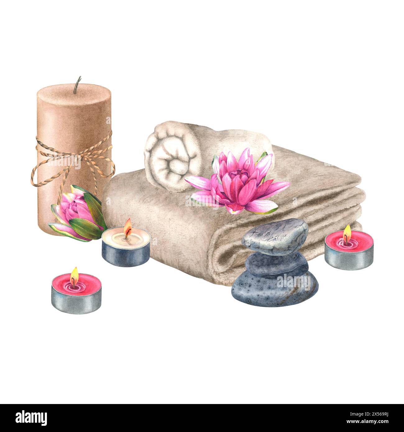 Neatly rolled up terry towel, pillar soy wax candle with jute rope bow, tea light candles, pyramid of balancing stones, water lily flower. Hand drawn Stock Photo