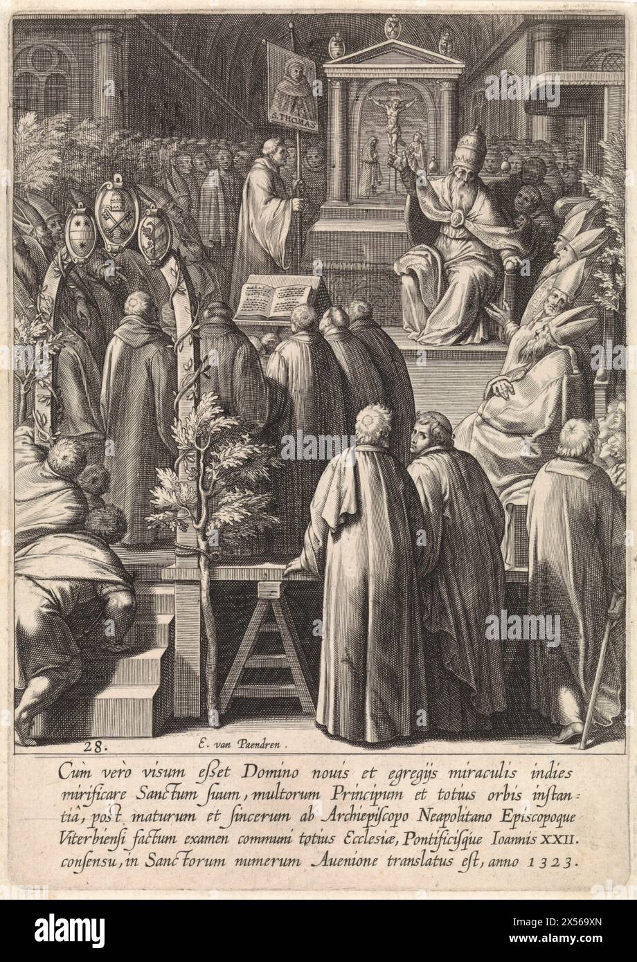 Canonization of Thomas Aquinas, Egbert van Panderen, after Otto van Veen, 1610 - Church interior with Pope John XXII pointing to an image of Thomas Aquinas. He is surrounded by monks and bishops. In the margin a five-line caption in Latin. Stock Photo