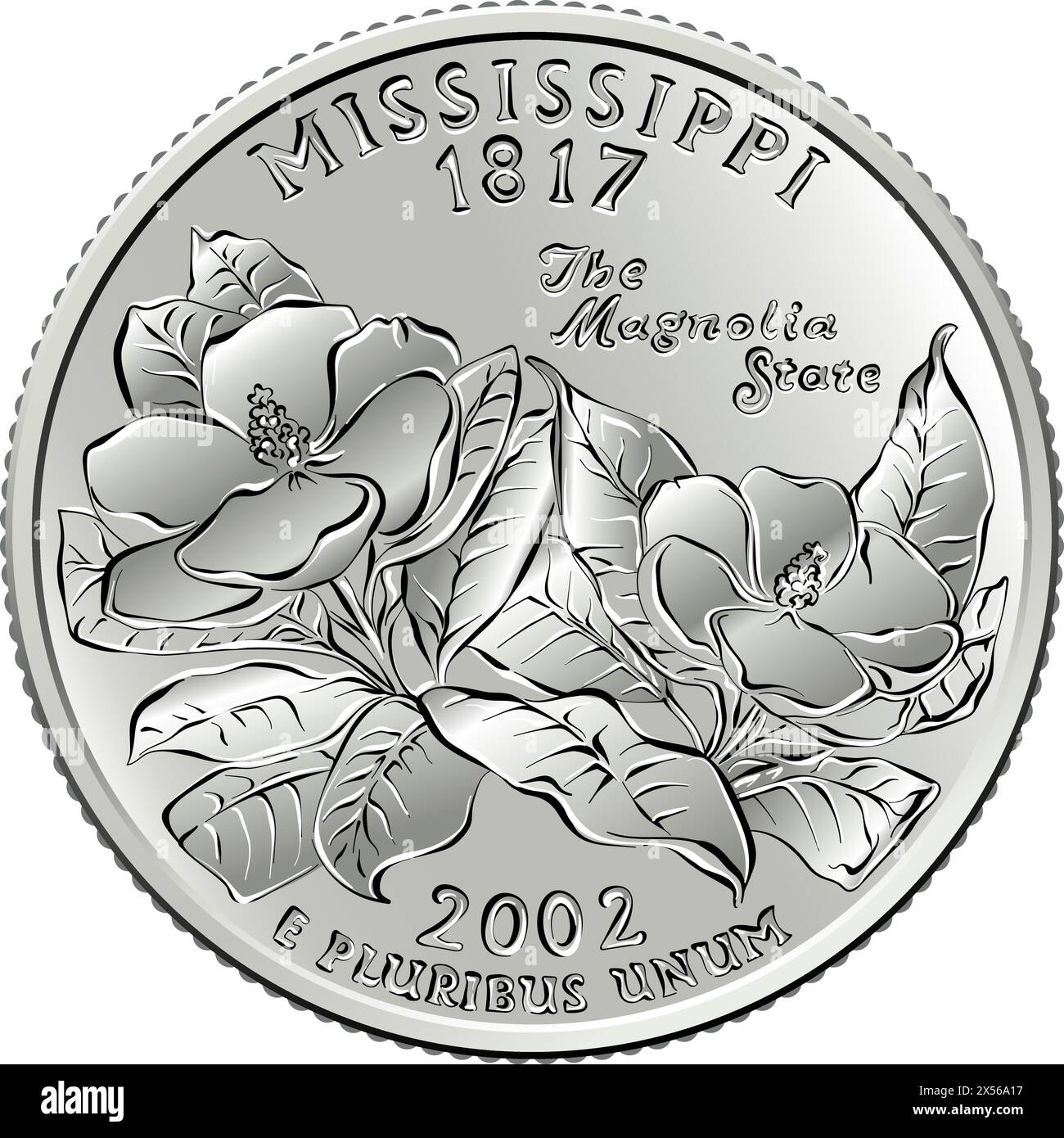 American money, USA Washington dollar quarter Mississippi or 25-cent coin, two magnolias on reverse Stock Vector