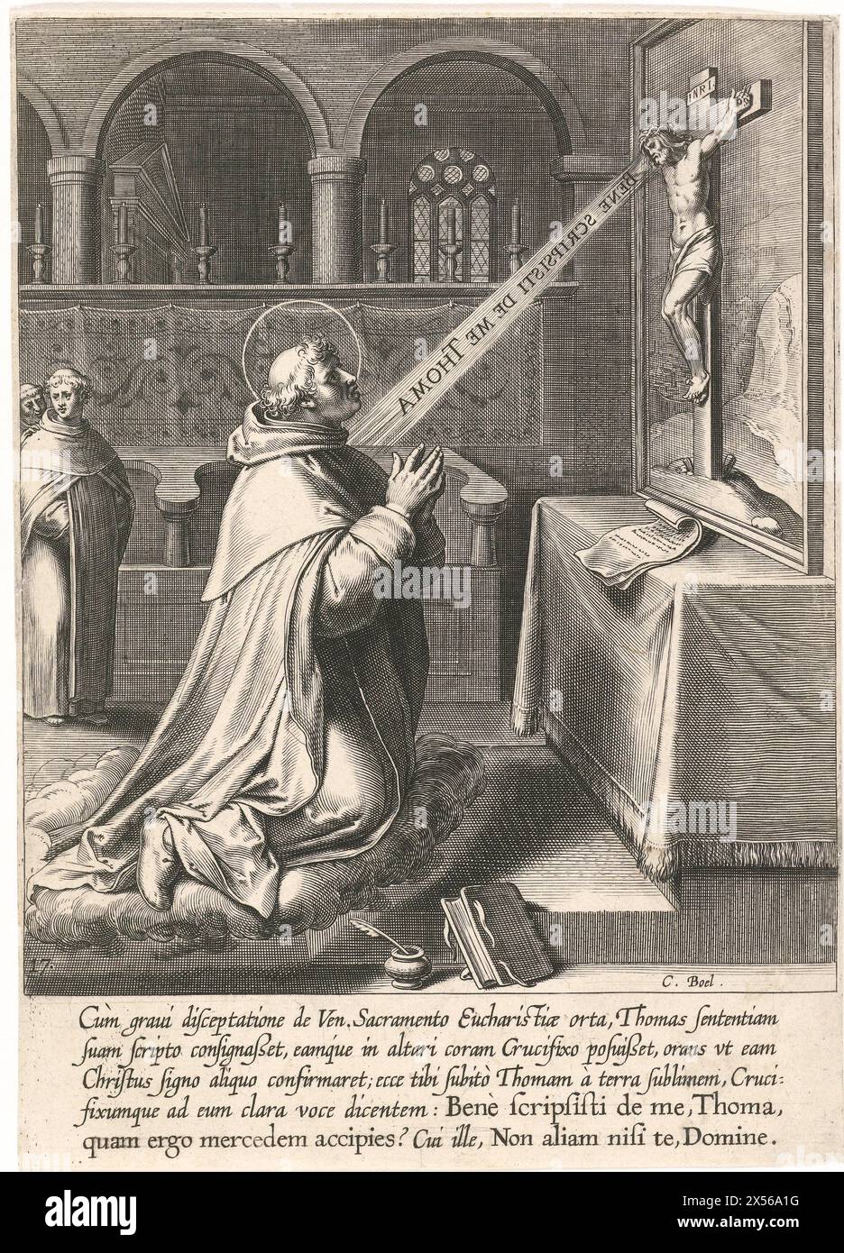 Saint Thomas Aquinas talking to a crucifix, Cornelis Boel, after Otto van Veen, 1610 - St. Thomas Aquinas asks Christ for a sign that he has written the truth about him in one of his works. The crucifix he prays to speaks to him and makes him levitate. Print from a series of 30 prints that depict the life story of Thomas Aquinas. Stock Photo