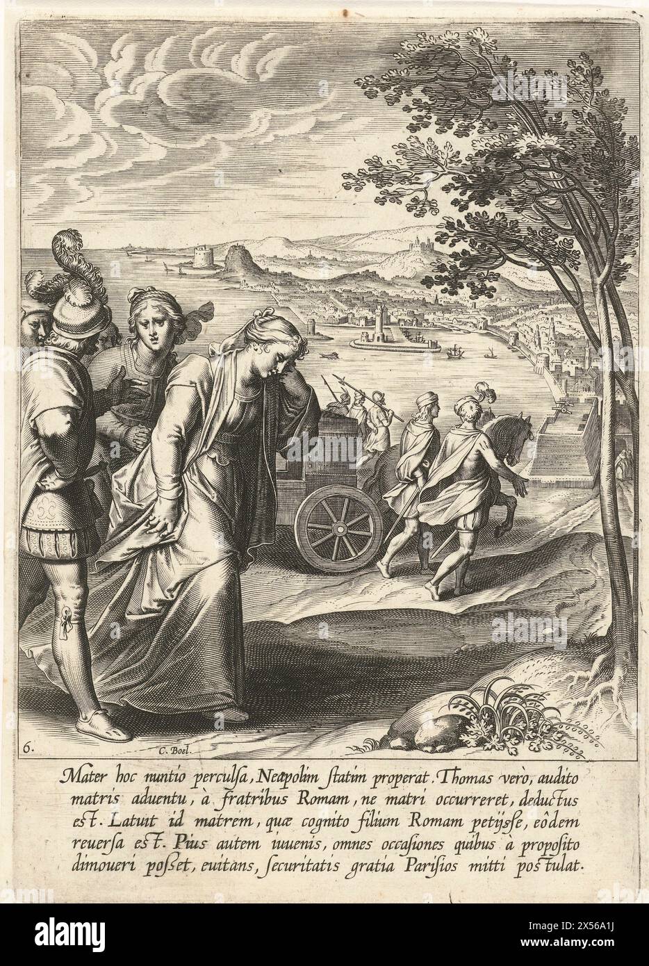 Thomas's mother looking for him in Naples, Cornelis Boel, after Otto van Veen, 1610 - The mother of Saint Thomas Aquinas is looking for her son in the city of Naples. However, he has already traveled on to Rome. Print from a series of 30 prints that depict the life story of Thomas Aquinas. Stock Photo