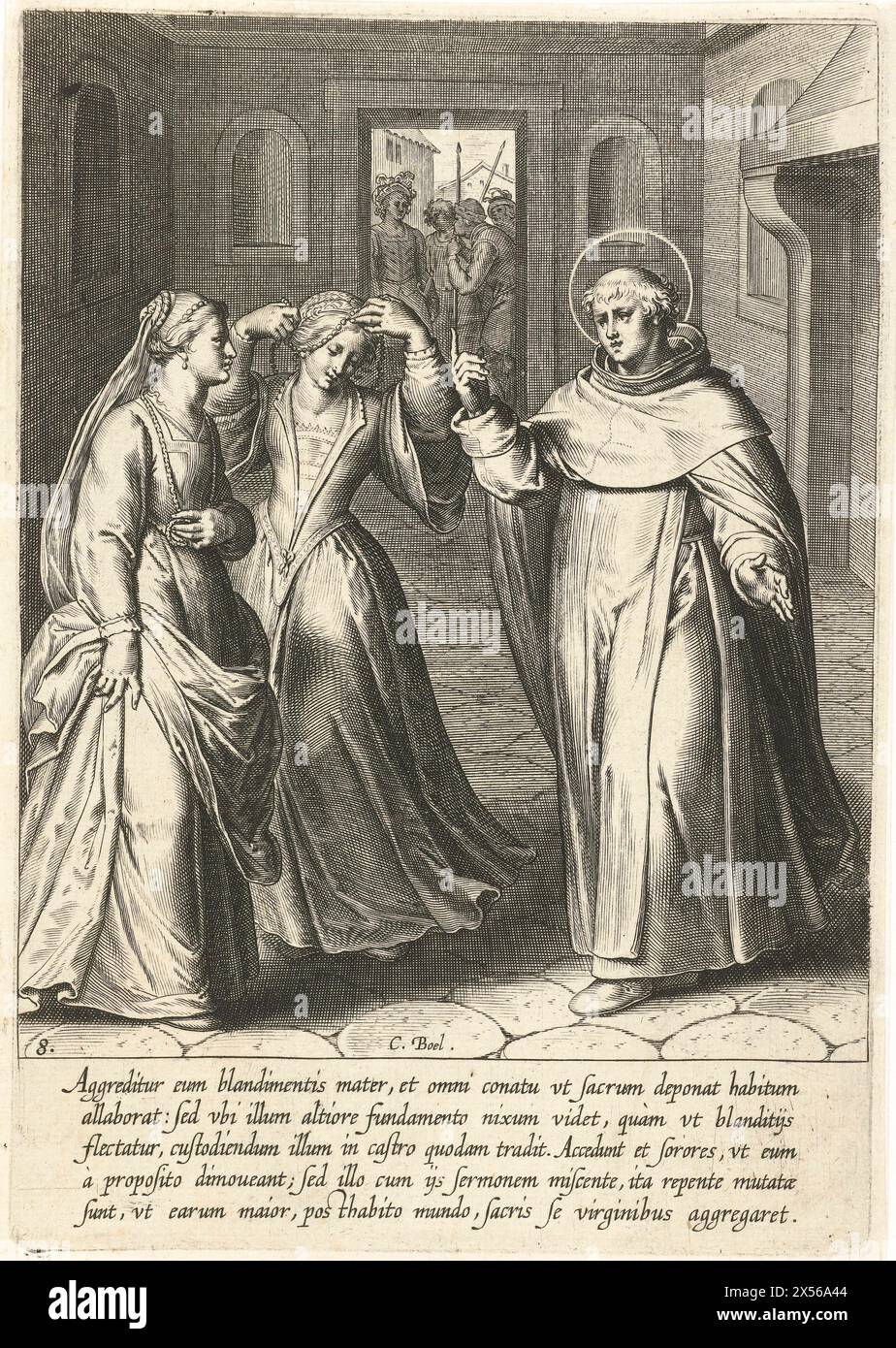 Thomas converts his sister, Cornelis Boel, after Otto van Veen, 1610 -Thomas converted his eldest sister. She takes off her jewelry and enters the monastery. Print from a series of 30 prints that depict the life story of Thomas Aquinas. Stock Photo