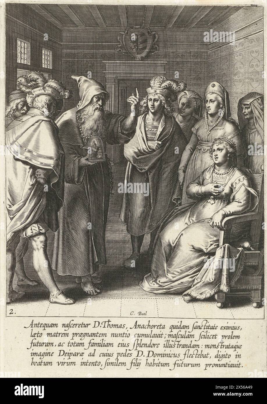 Prediction to the mother of Thomas Aquinas, Cornelis Boel, after Otto van Veen, 1610 - A pilgrim tells Thomas' mother that her unborn child will become a follower of Saint Dominic. Print from a series of 30 prints that depict the life story of Thomas Aquinas. Stock Photo