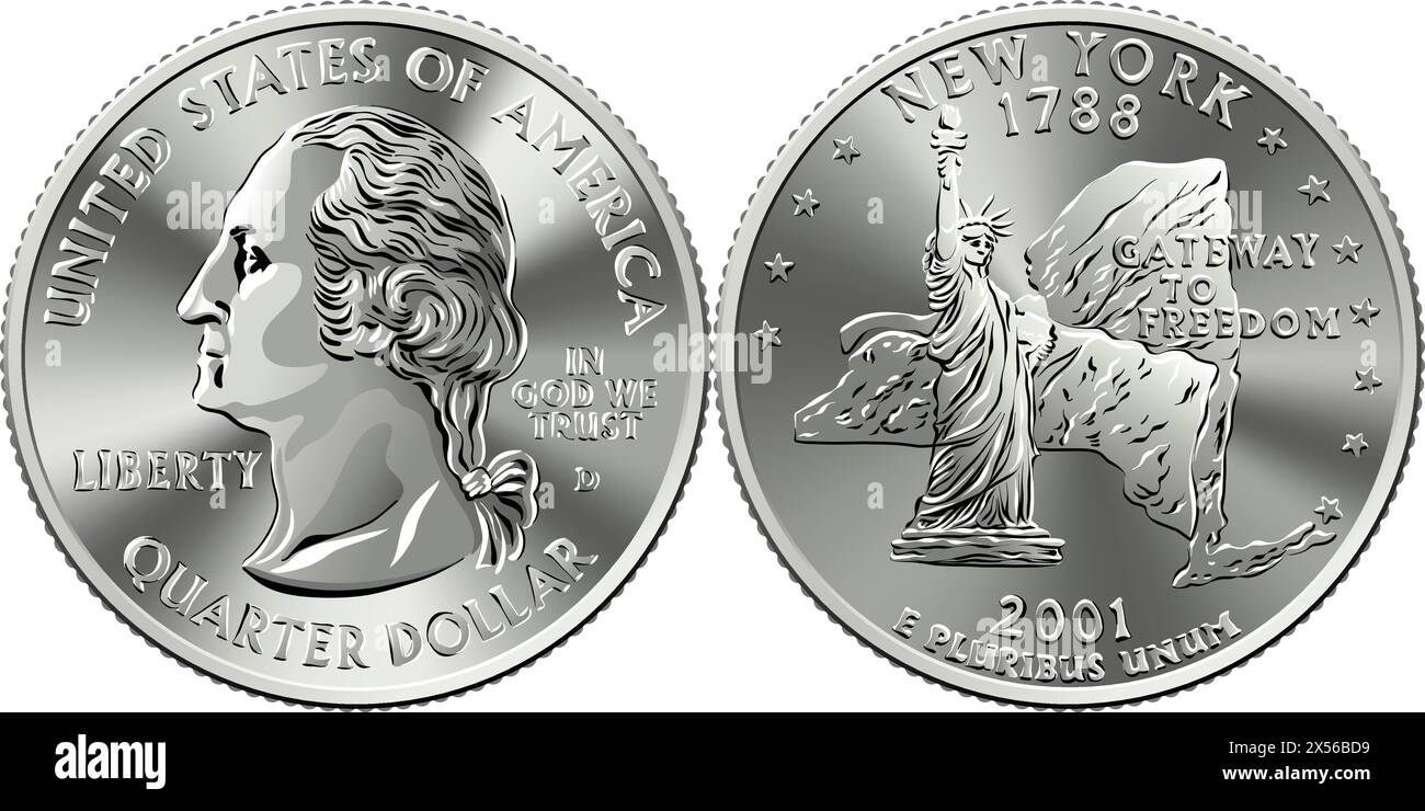 American money, USA Washington quarter dollar New York, Statue of Liberty on reverse Stock Vector