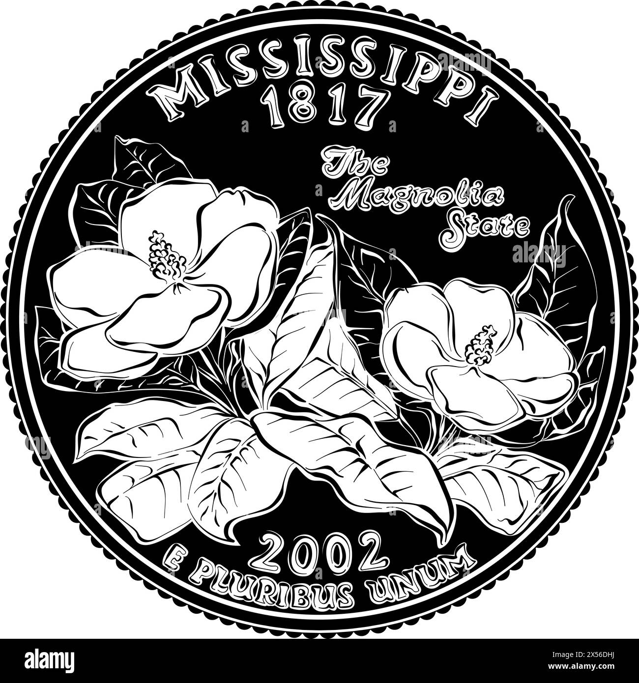 American money, USA Washington dollar quarter Mississippi or 25-cent coin, two magnolias on reverse Stock Vector