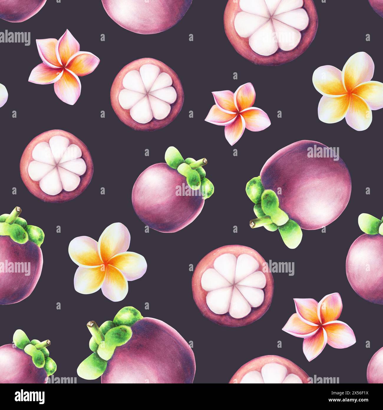 Purple mangosteen and plumeria flowers seamless pattern. Tropical