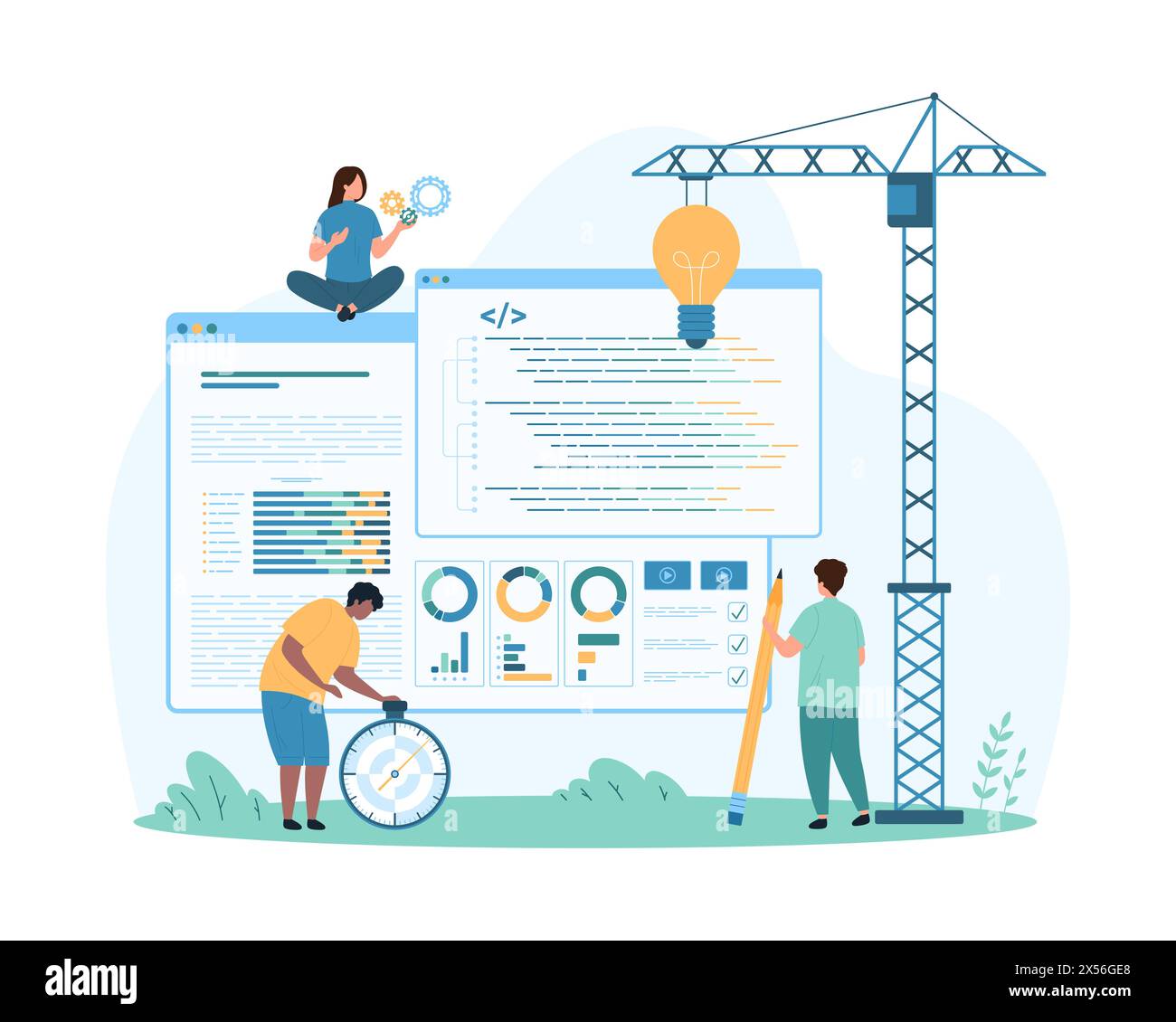 Code development solution, engineering and coding process. Tiny people ...