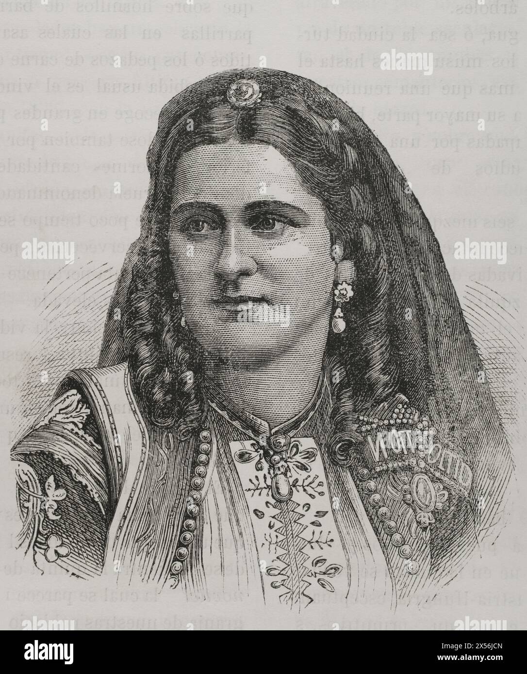 Milena Vukotic (1847-1923). Queen consort of Montenegro (1910-1918), as the wife of King Nicholas I of Montenegro (1841-1921). Portrait. Engraving. 'La Guerra de Oriente' (The Russo-Turkish War). Volume I. 1877. Stock Photo
