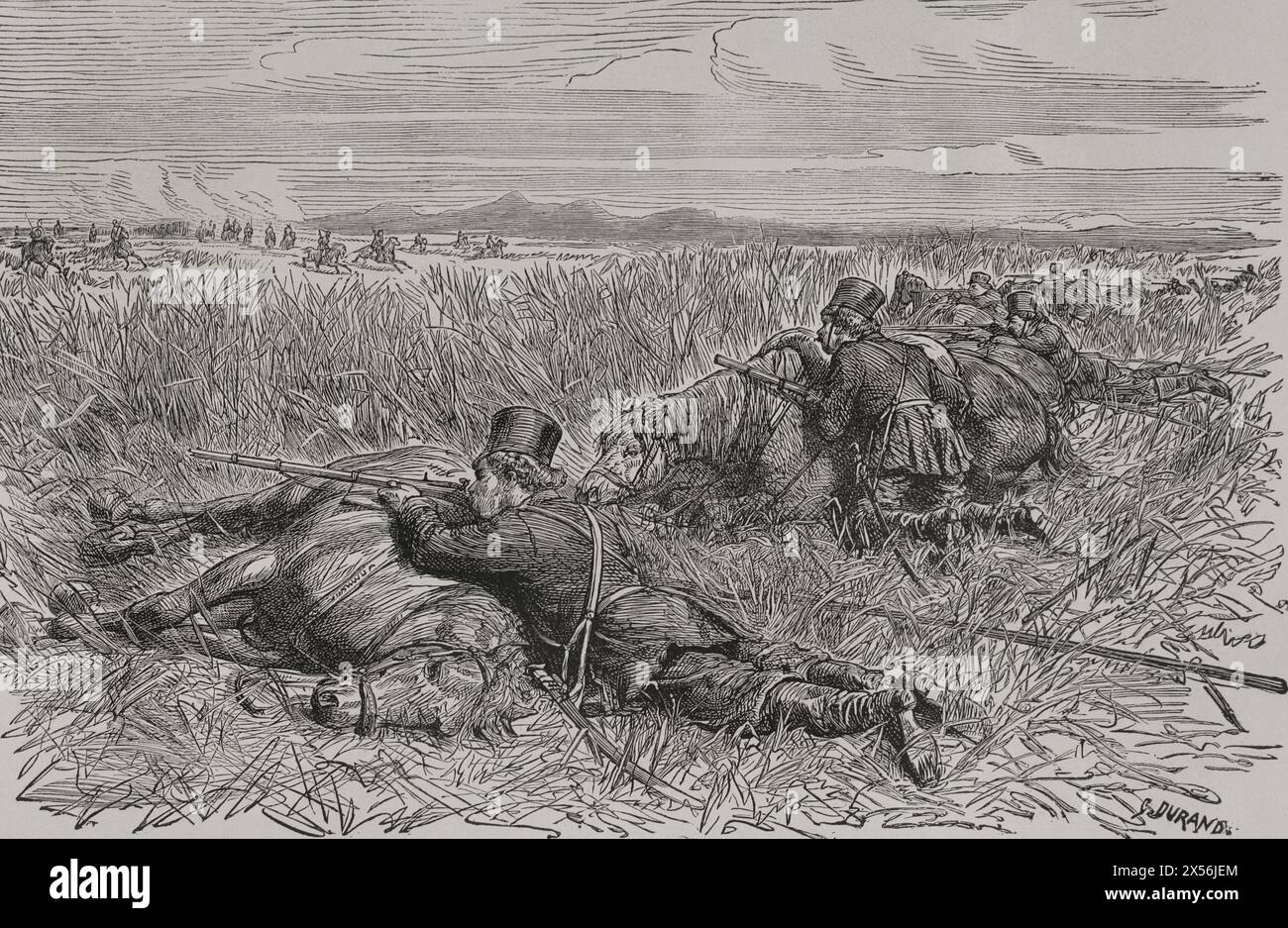 Russo-Turkish War (1877-1878). Cossack ambush. Engraving by Durand. 'La Guerra de Oriente' (The Russo-Turkish War). Volume I. 1877. Stock Photo