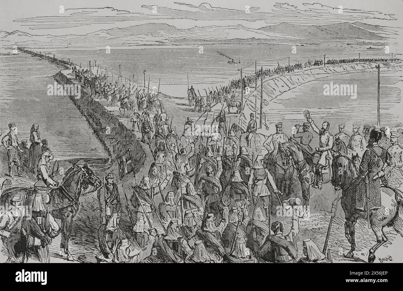 Russo-Turkish War (1877-1878). Bridge over the Danube River built by the Russians at Braila (Romania). Engraving. 'La Guerra de Oriente' (The Russo-Turkish War). Volume I. 1877. Stock Photo