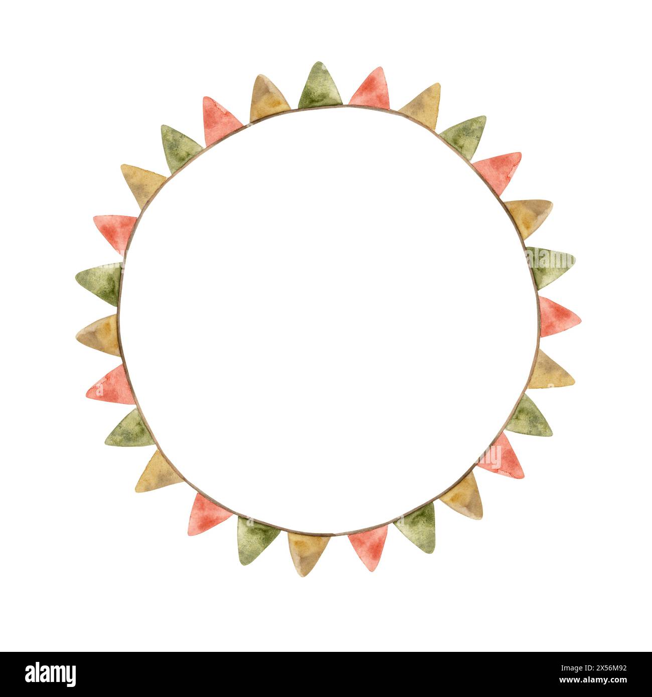 A round wreath of children's flags of different colors, red, green, yellow. Watercolor illustration for cards, stickers, textiles, design, invitations Stock Photo