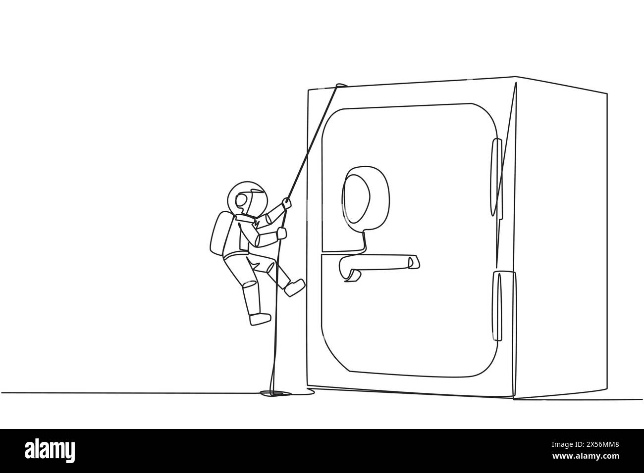 Single one line drawing young astronaut climbing safe deposit box with ...
