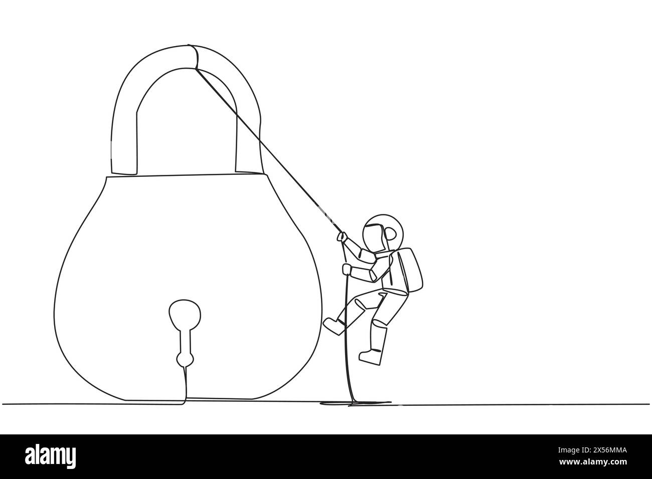 Single continuous line drawing astronaut climbing padlock with rope. Do ...