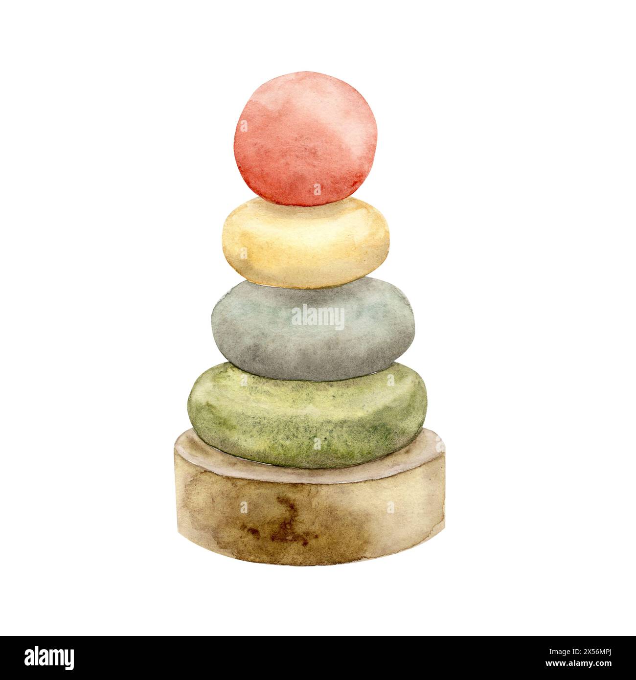 Illustration of a children's wooden toy pyramid with rings of different colors, red, yellow, green. Isolated watercolor illustration for cards, sticke Stock Photo