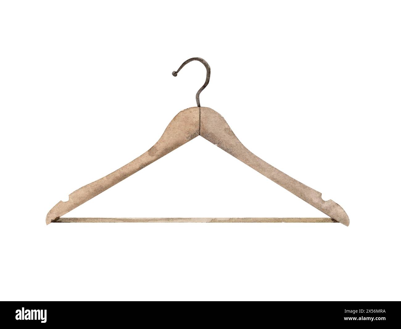 Illustration of a wooden hanger for different clothes, jacket, dress, shirt. Classic shaped hanger. Isolated watercolor illustration for cards, sticke Stock Photo