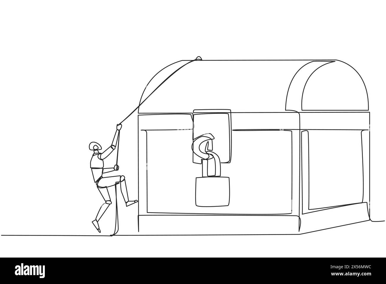 Single continuous line drawing smart robot climbs treasure chest with ...