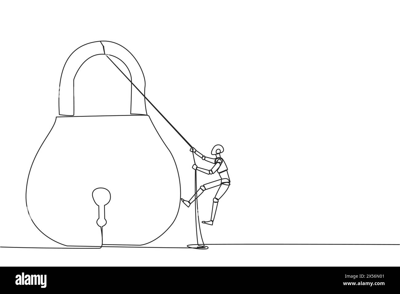 Single one line drawing smart robot climbing padlock with rope. Do the ...