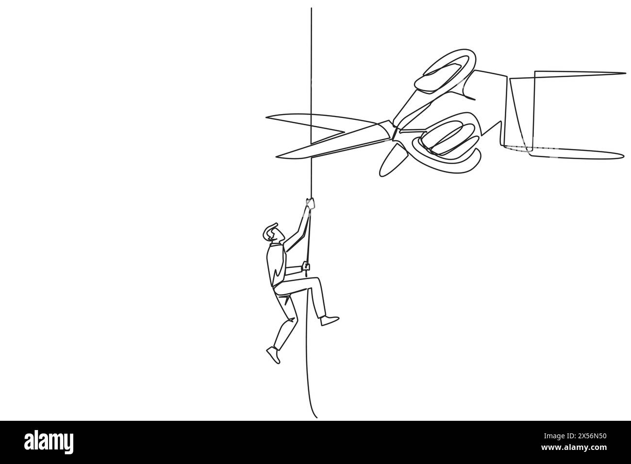 Single continuous line drawing businessman climbing rope. Metaphor of struggling to advance business. Business failed to develop. Sabotaged by busines Stock Vector