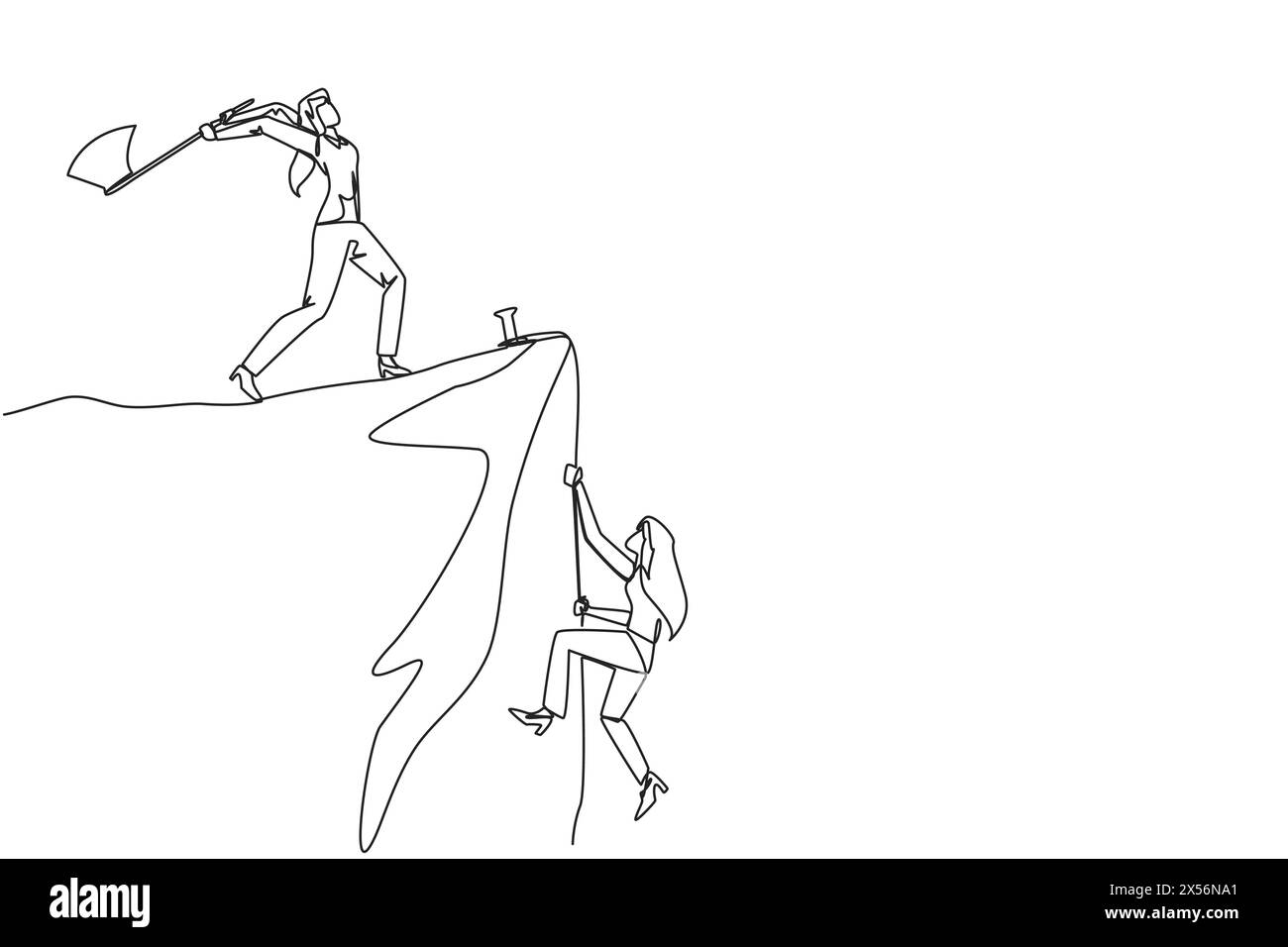 Single continuous line drawing businesswoman climbs a cliff with the rope. Almost successful. Rudely dropped by a business friend. Fake partner. The w Stock Vector