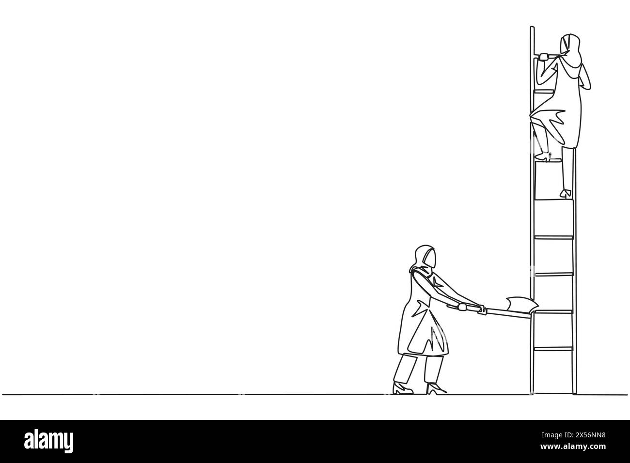 Single continuous line drawing Arab businesswoman climbs ladder to achieve expected reward. Destroyed silently. Business failed to develop. Destroyed Stock Vector