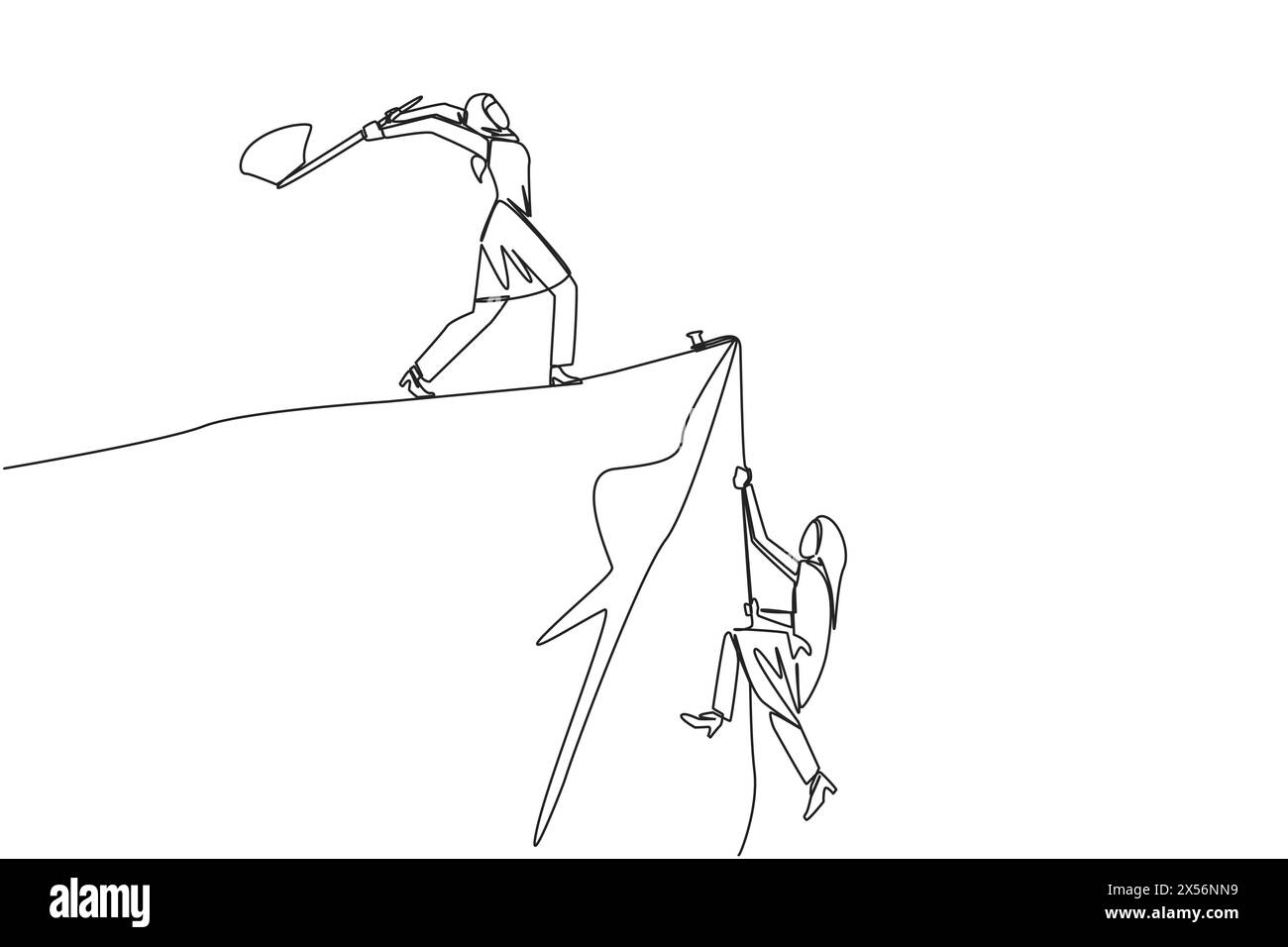 Single continuous line drawing Arabian businesswoman climbs cliff with rope. Almost successful. Rudely dropped by a business friend. Fake partner. Wor Stock Vector