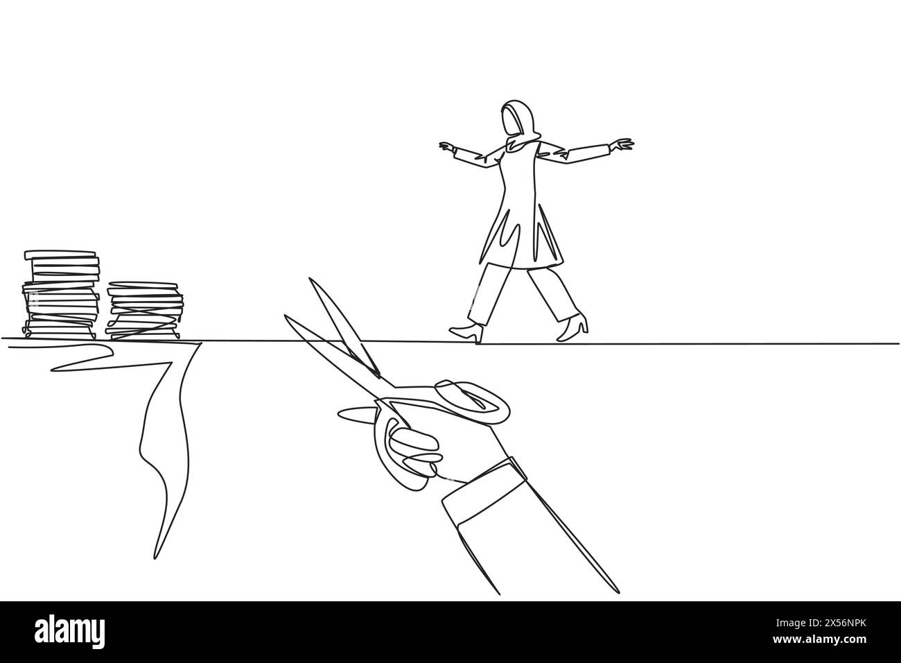 Single one line drawing Arabian businesswoman walking on tightrope from ...
