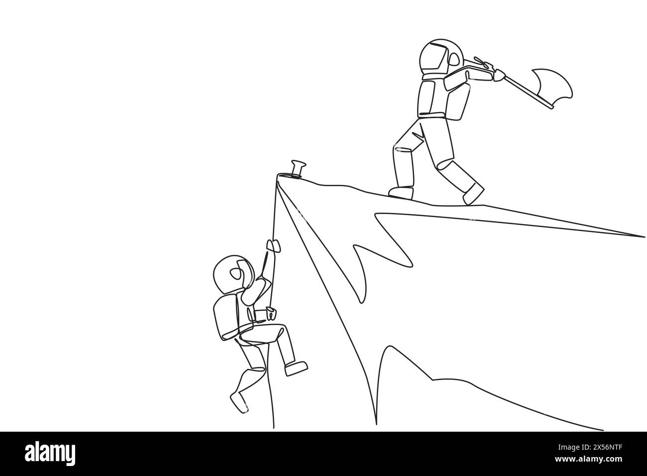 Single continuous line drawing the young astronaut climbs cliff with rope. Almost successful. Rudely dropped by a business friend. Fake partner. The w Stock Vector