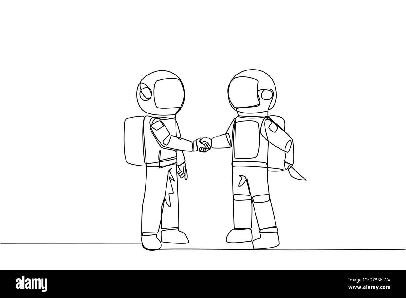 Single continuous line drawing two astronauts shaking hands. One of them holding a knife behind the back. Getting ready to stab. Must win at all costs Stock Vector