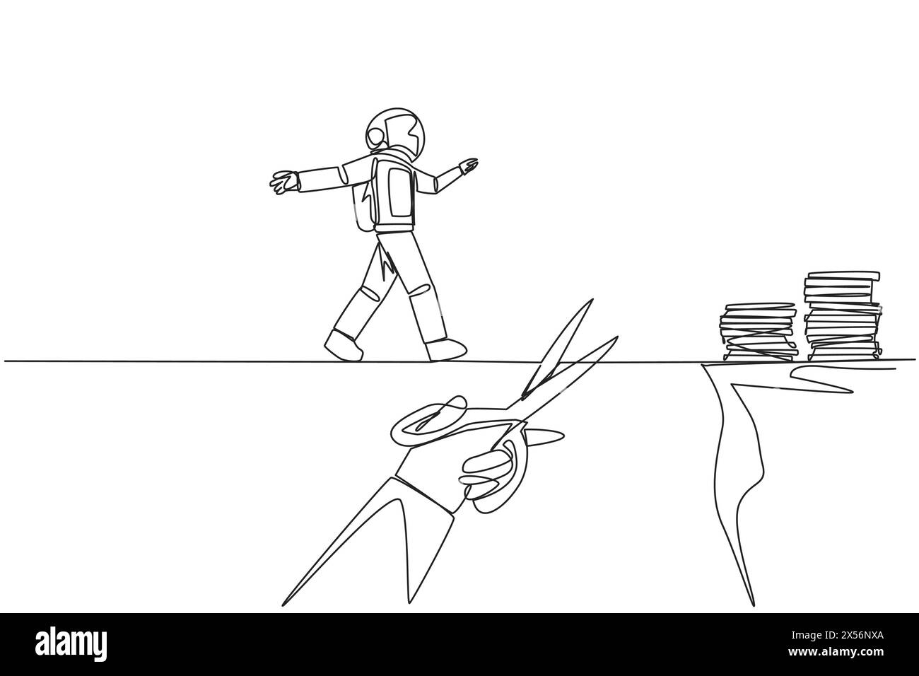 Continuous one line drawing the astronaut walking on tightrope from one ...