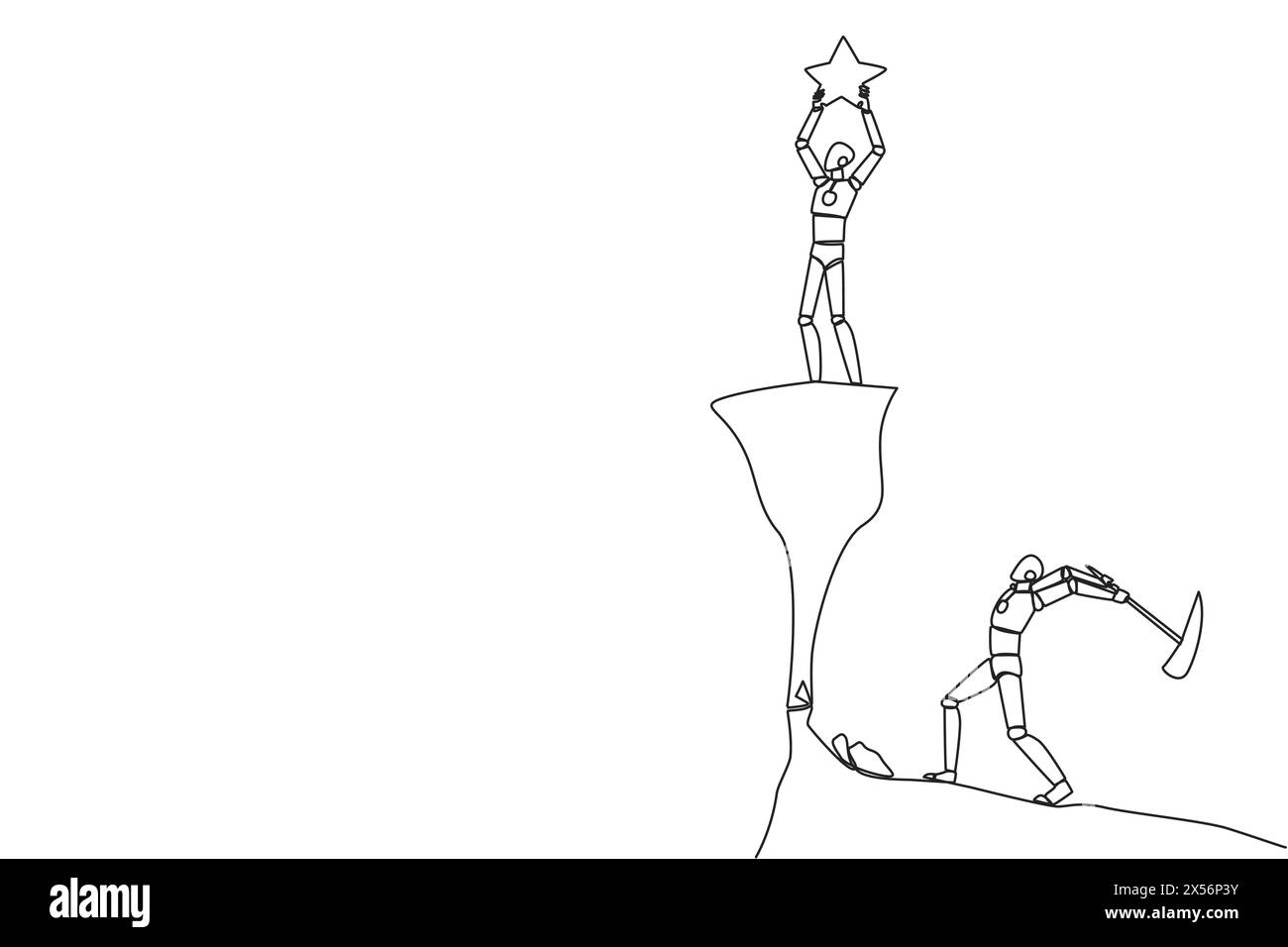 Single one line drawing smart robot standing on a cliff lifting a star ...