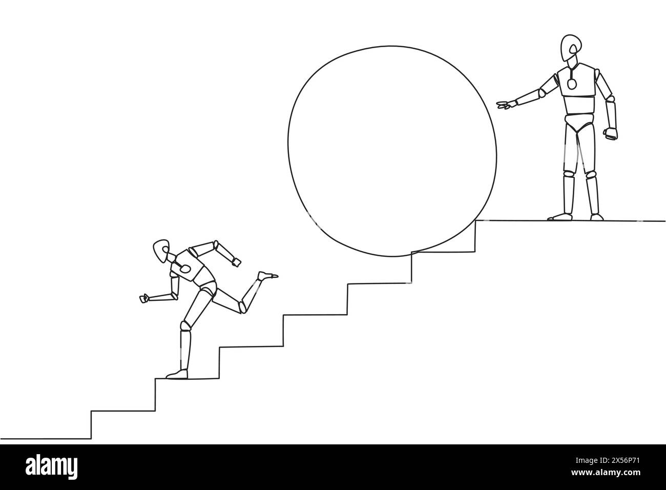Continuous one line drawing robotic running down stairs avoiding big