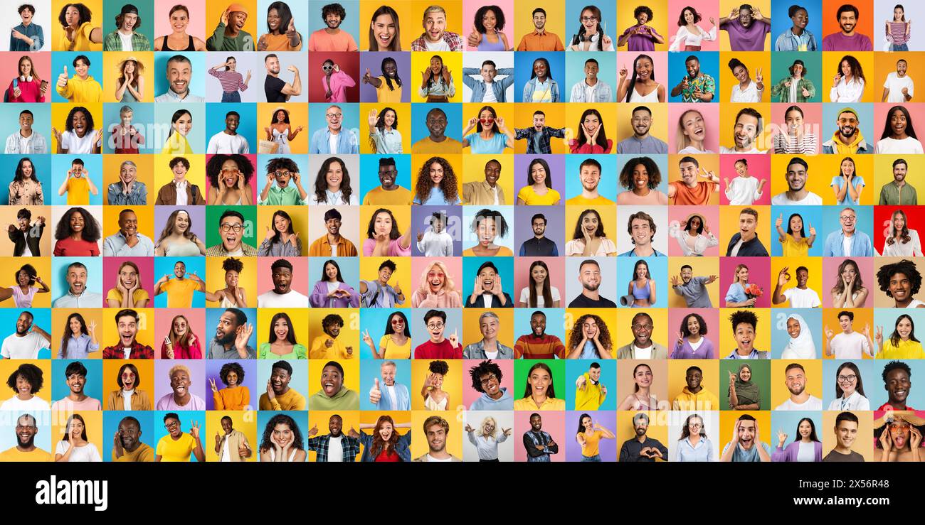 Collage of happy diverse people smiling on colorful backgrounds Stock ...
