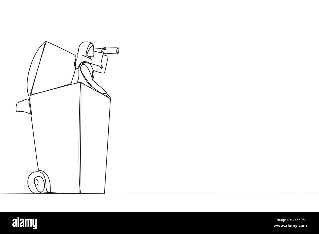 Single continuous line drawing Arabian businesswoman emerges from a wheeled bin looking for something through binoculars. Modernization. Facilitate th Stock Vector