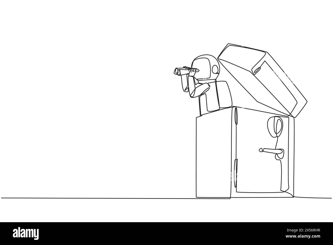 Single one line drawing astronaut emerges from safe deposit box look ...