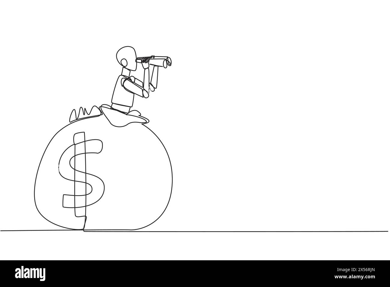 Single Continuous Line Drawing A Smart Robot Emerges From The Money Bag