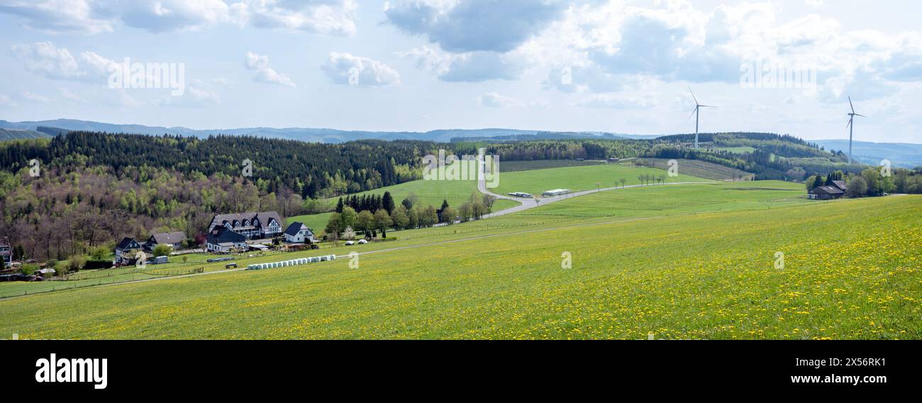 spring landscape and village of Bestwig Wasserfall in german sauerland Stock Photo