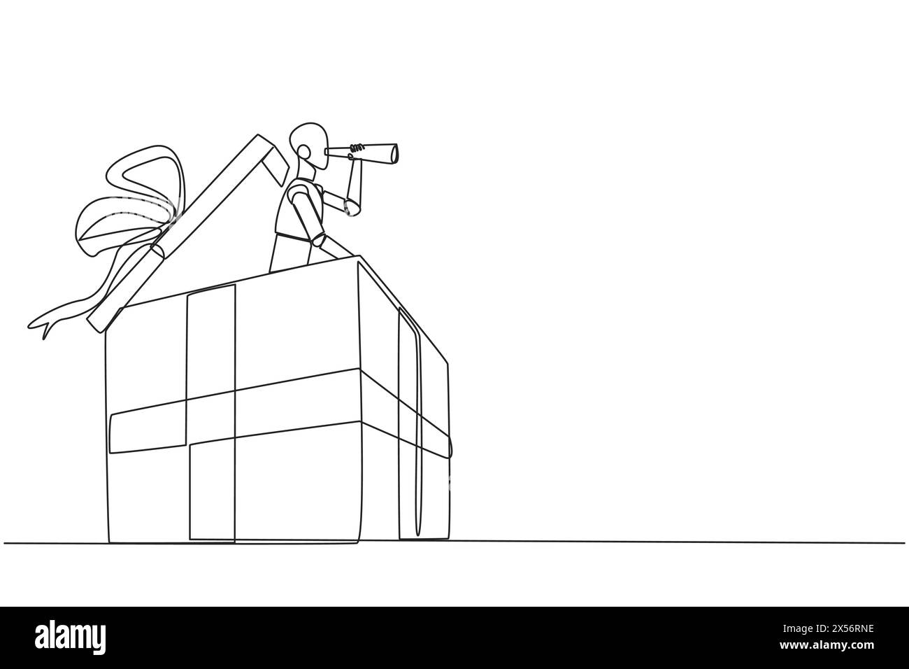 Single one line drawing a robot emerges from gift box looking for ...