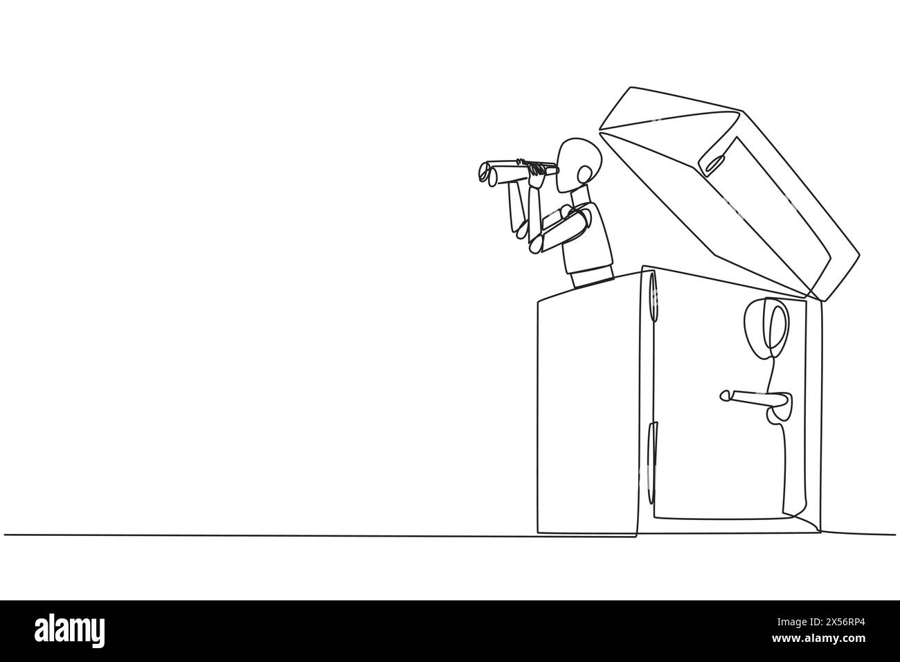 Single one line drawing a smart robot emerges from safe deposit box ...