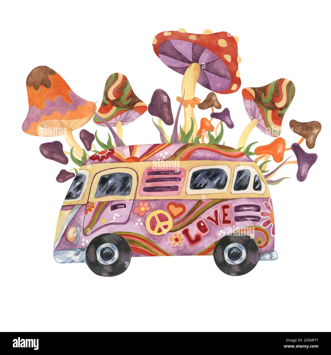 Trippy mushrooms, groovy hippie camper van mycophile print tee. Retro bus, fly agarics magic fungi in 1970s -1960s style . Nostalgic mycology fashion clipart. Hand drawn vintage graphic t shirt Stock Photo