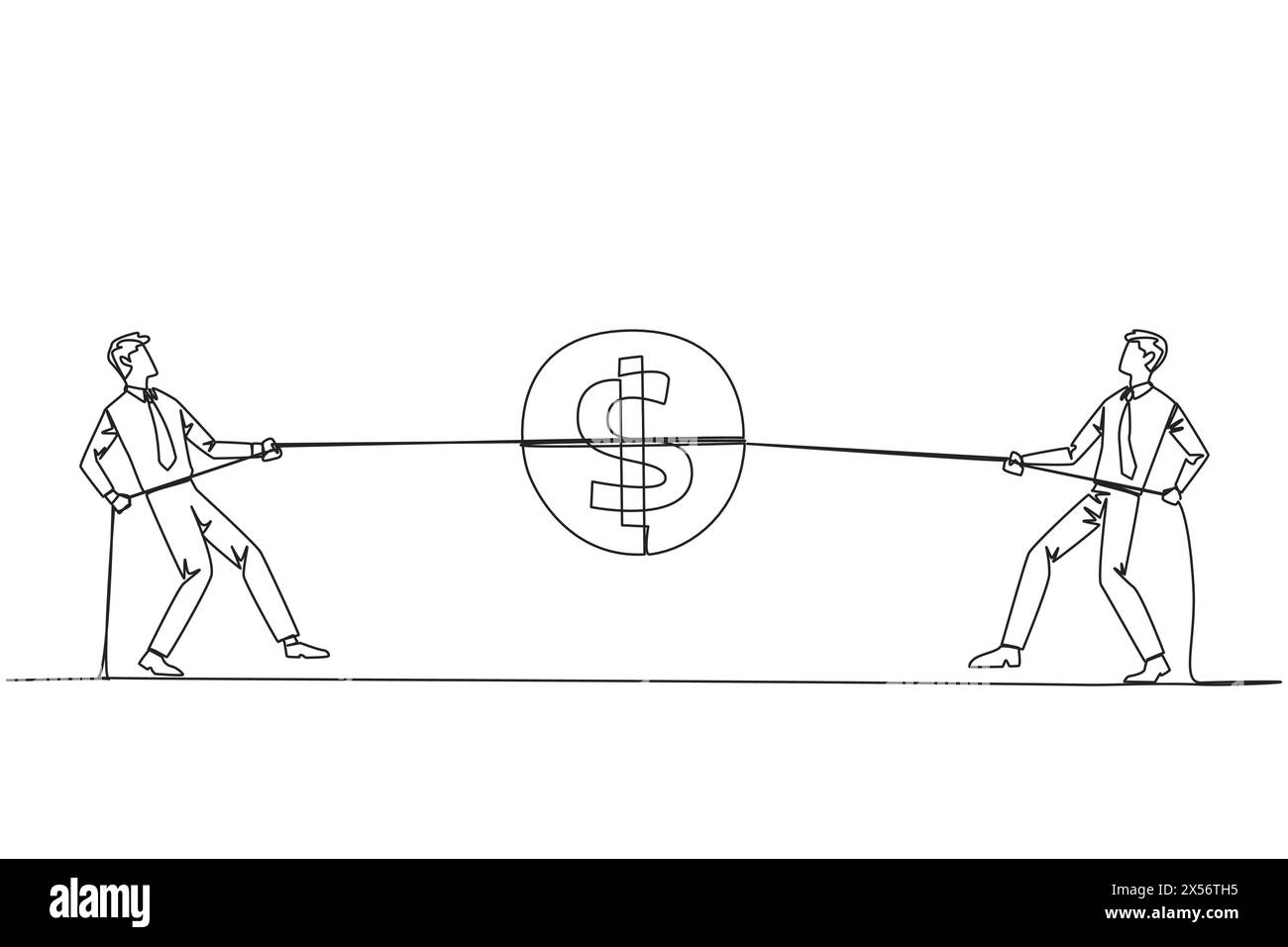 Single one line drawing two businessmen fighting over a coin with a dollar symbol. Compete for the slightest profit. For a better business life. Bonus Stock Vector