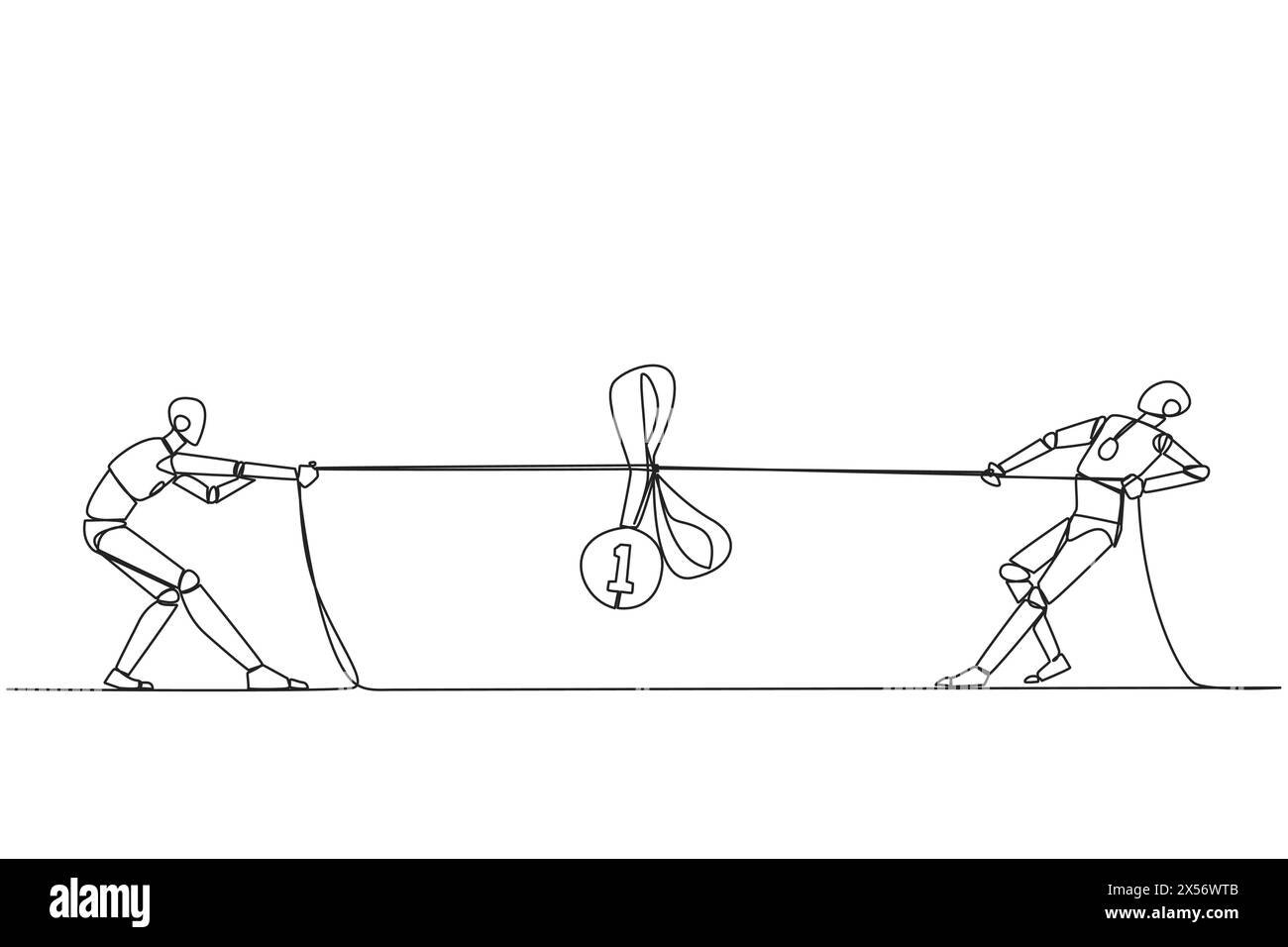 Single continuous line drawing two robots fighting for a medal award ...